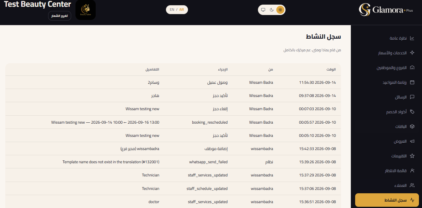Complete activity log