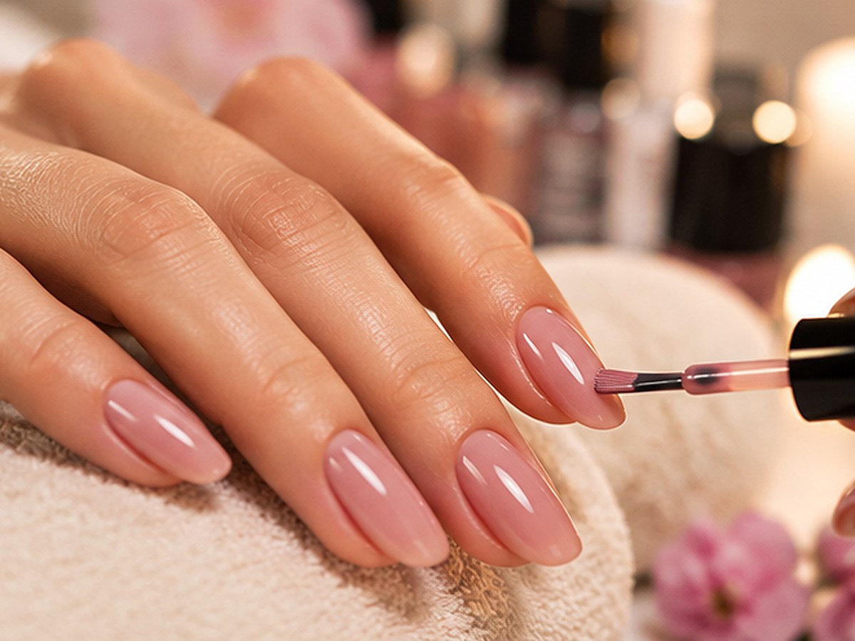 Nude pink manicure being polished